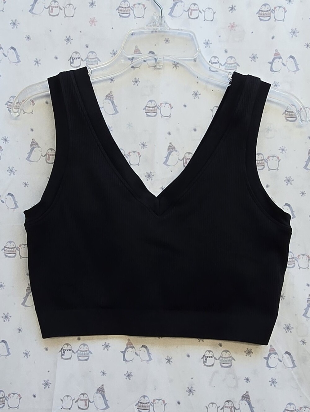 Black V-Neck Ribbed Crop Padded Tank Top - Women
